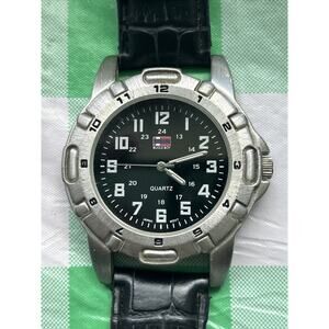 Bugle Boy Silver Tone Black Faux Leather Band Men’s Quartz Watch